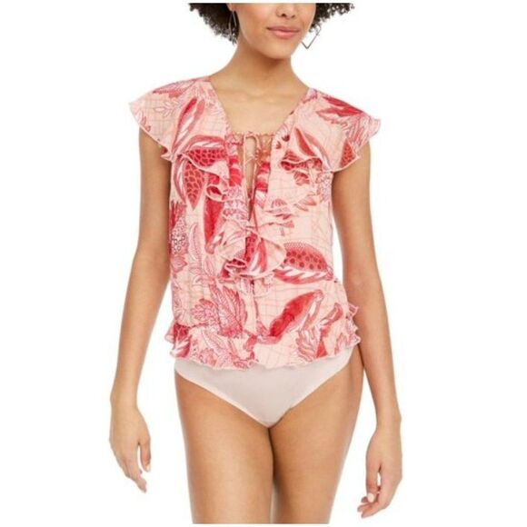 Guess Ruffle Lace Up Blouse Bodysuit Women's MEDIUM Pink White Floral V-Neck NEW - Picture 9 of 11